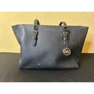Michael Kors Leather Satchel Handbag Black Zip Top Tote Shoulder Bag